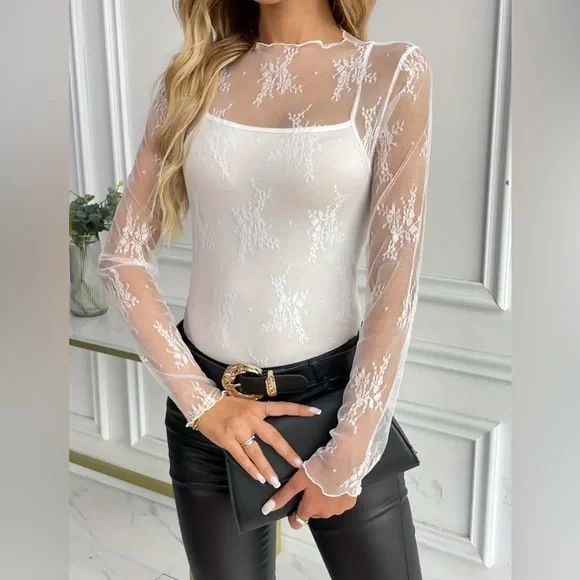 Sheer White Lace Embroidered Mock Neck Mesh Shirt, Long Sleeve Floral Top - Picture 1 of 3